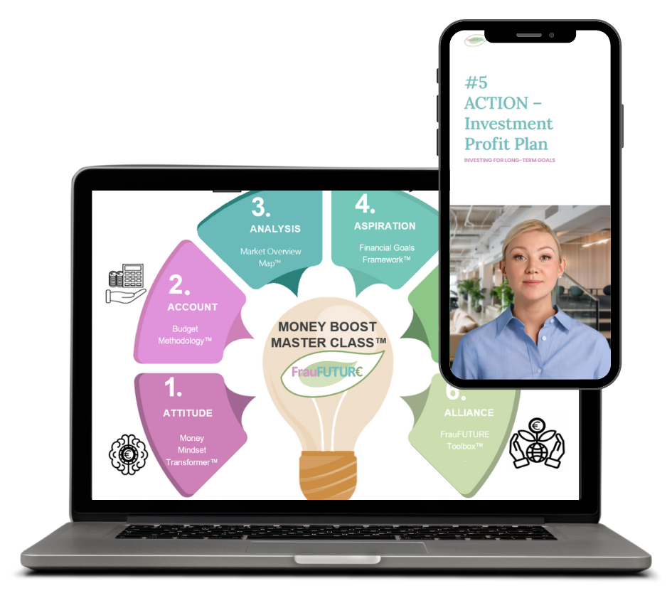 Computer and phone showing scenes out of the FrauFUTURE Financial Wellbeing Program for employees in Germany
